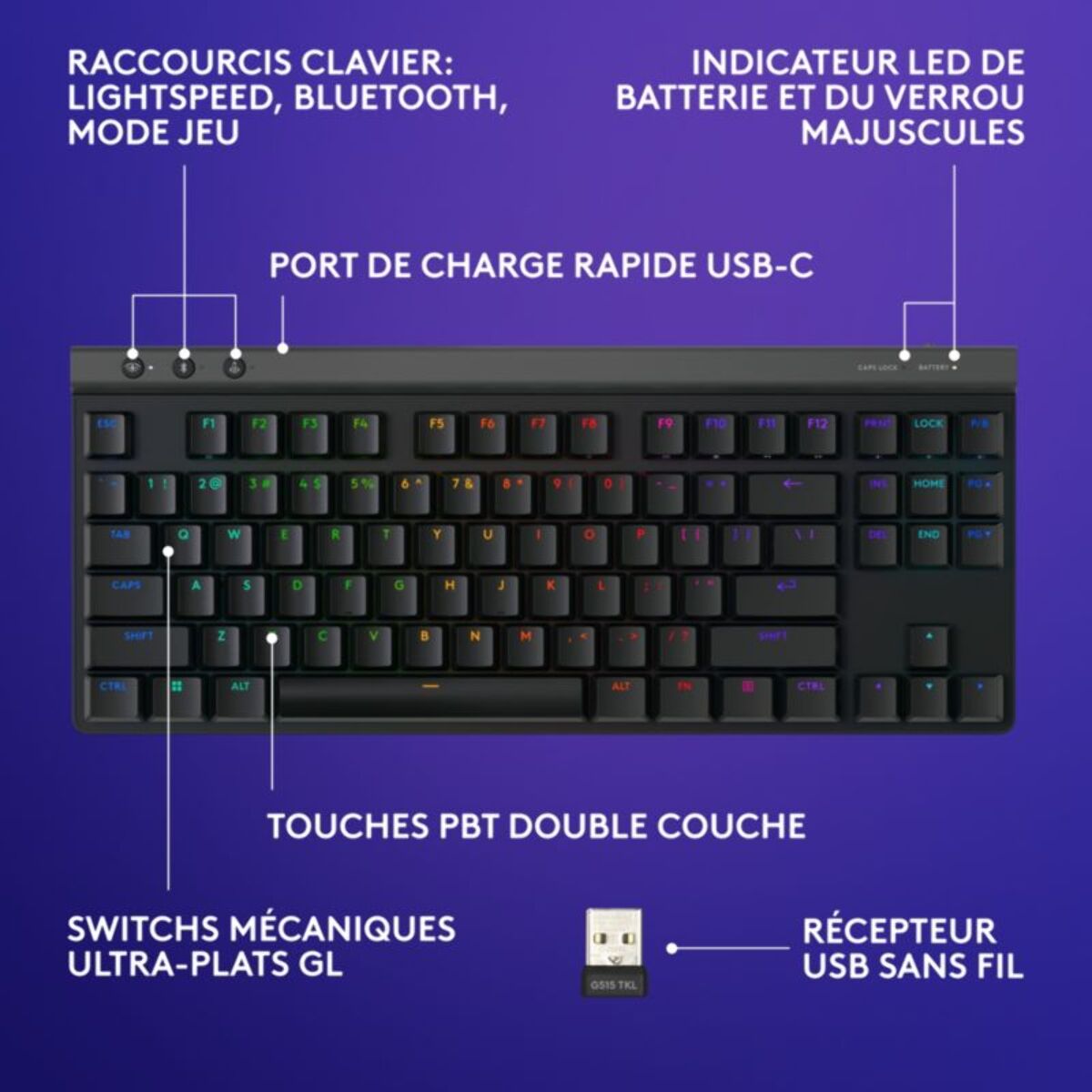 Clavier gamer sans fil LOGITECH G515 Lightspeed TKL tactile Noir