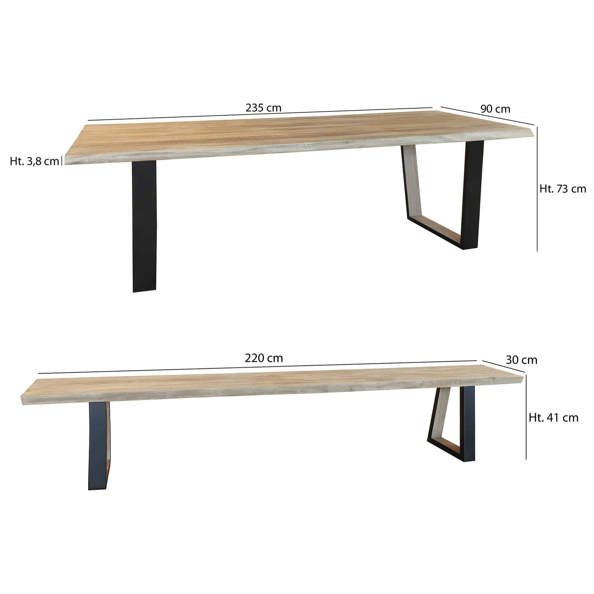 Ensemble table et banc en bois d'acacia et pieds métal noir HERA