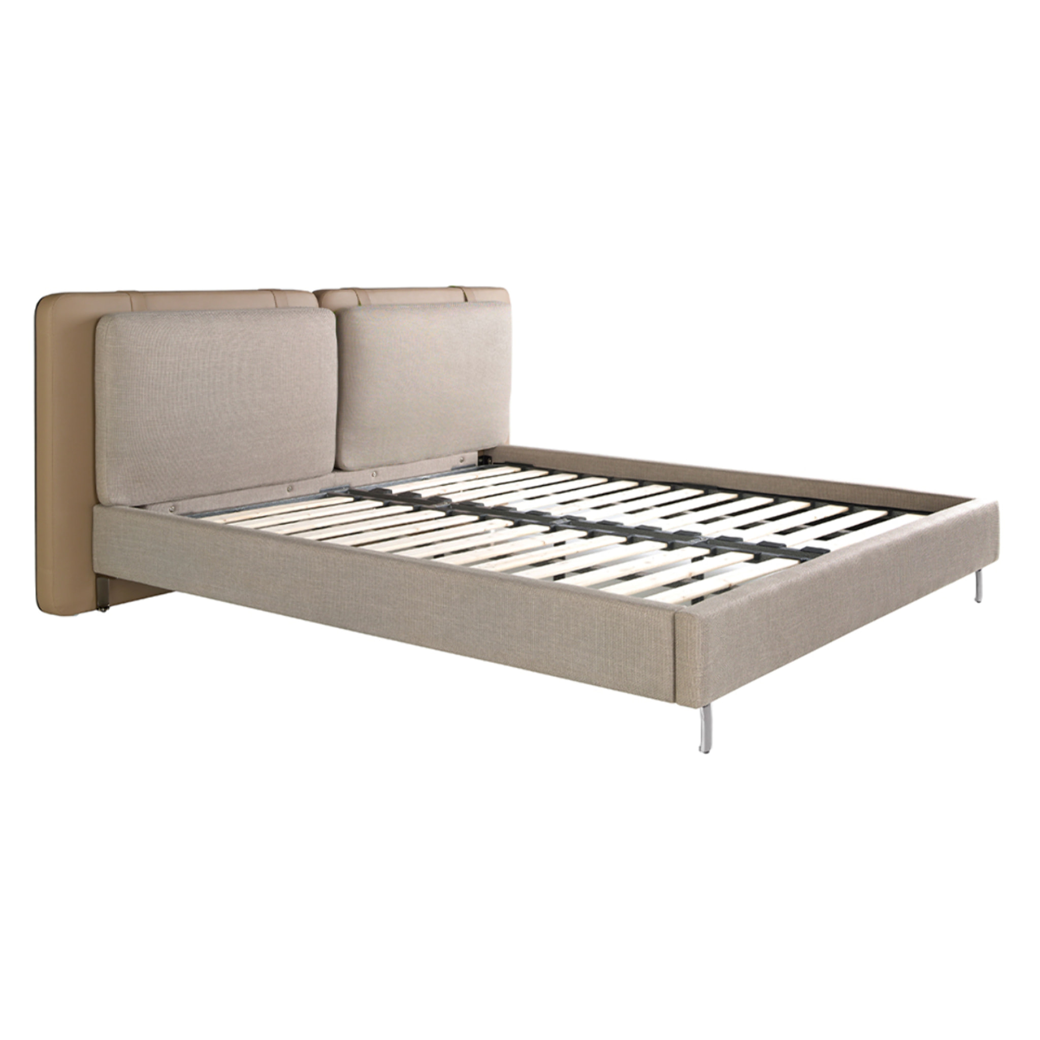 Cama de matrimonio con cabecero en polipiel visón y estructura de tela en gris con patas de acero inoxidable cromado oscuro 217x222x100cm