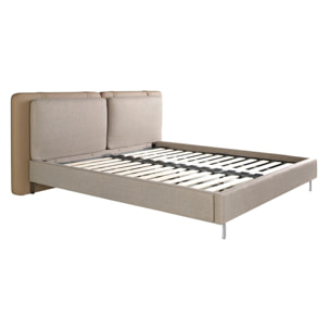 Cama de matrimonio con cabecero en polipiel visón y estructura de tela en gris con patas de acero inoxidable cromado oscuro 217x222x100cm