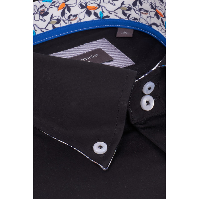 Camicia Uomo 2 Bottoni Button Down Slim Satin Unito Nero