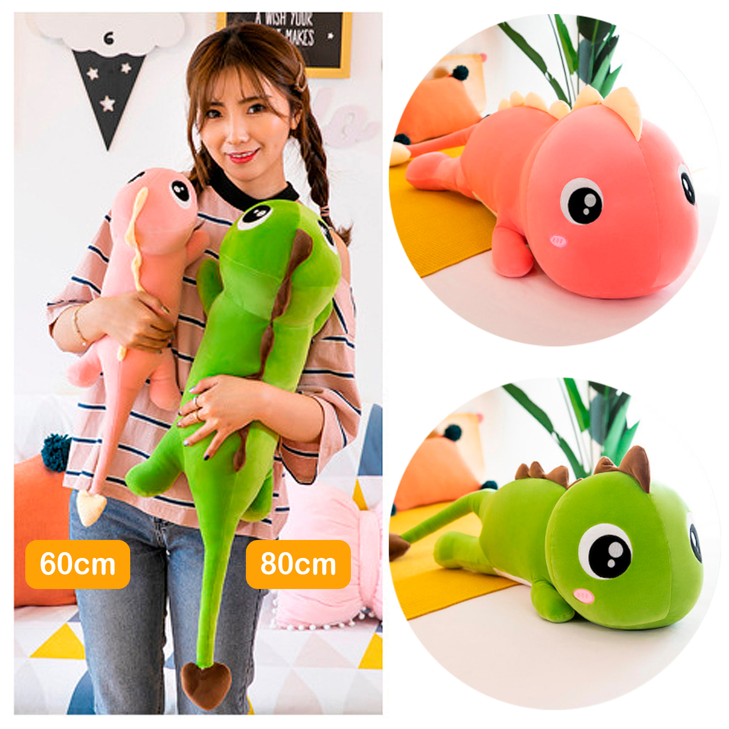 Cuscino extra morbido e soffice design dinosauro verde. 58 cm.