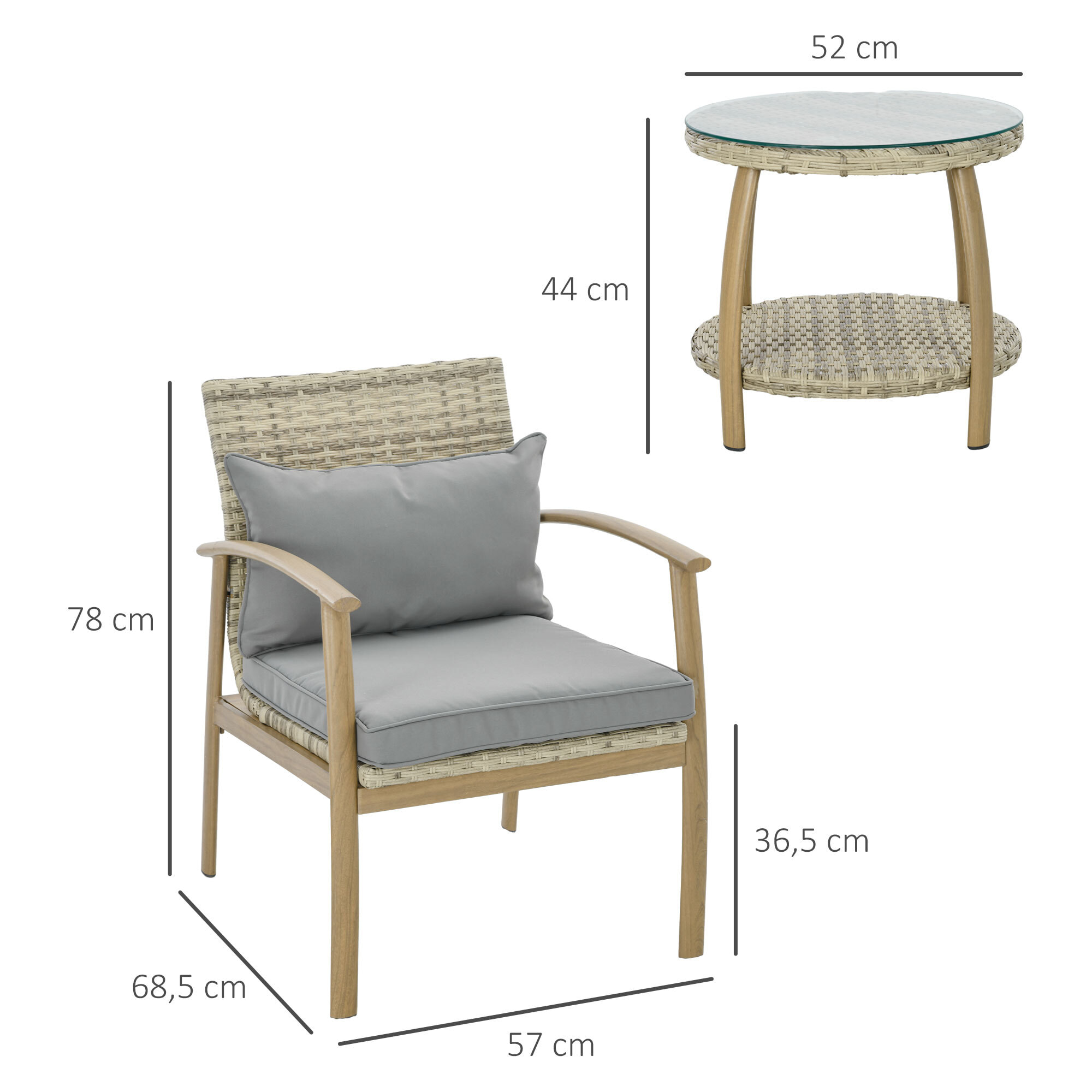 Conjunto de Mesa y Sillas de Jardín para Exterior Juego de 3 Piezas Sillas y Mesa de Ratán con Marco de Aluminio Incluye 2 Sillas 1 Mesa de Vidrio Templado y Cojines Natural y Marrón