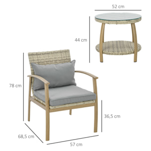 Conjunto de Mesa y Sillas de Jardín para Exterior Juego de 3 Piezas Sillas y Mesa de Ratán con Marco de Aluminio Incluye 2 Sillas 1 Mesa de Vidrio Templado y Cojines Natural y Marrón