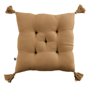 Coussin capitonné 5 points avec pompons ''Gaïa'' 40 x 40 cm ''Gaze de Coton'' - Couleur: Gaïa Camel