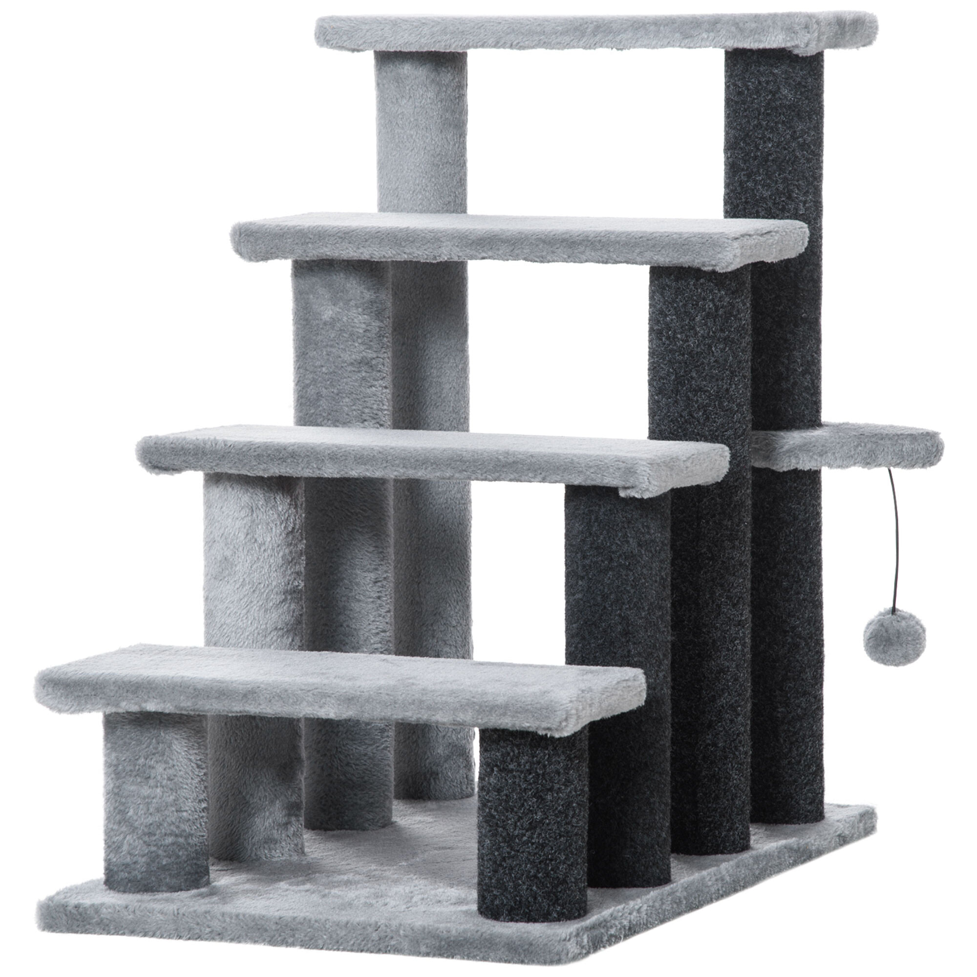 Escaleras para Gatos de 4 Escalones Escaleras para Mascotas Árbol Rascador para Gatos Pequeño con Poste Rascador Bola Colgante 60x40x64 cm Gris