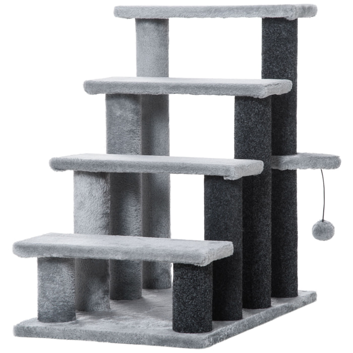 Escaleras para Gatos de 4 Escalones Escaleras para Mascotas Árbol Rascador para Gatos Pequeño con Poste Rascador Bola Colgante 60x40x64 cm Gris