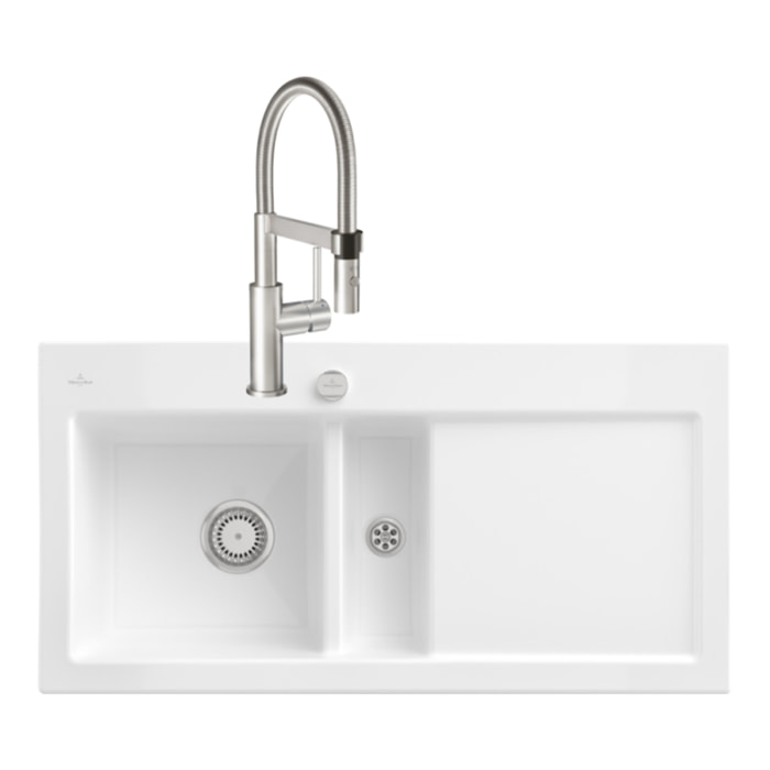 Evier Subway Pure 60 1 bac et demi égouttoir à droite vidage auto + Robinet Steel Expert Compact Acier Massif
