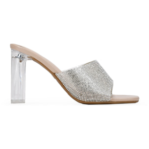 Sandalias de fiesta destalonadas brillantes con tacón transparente