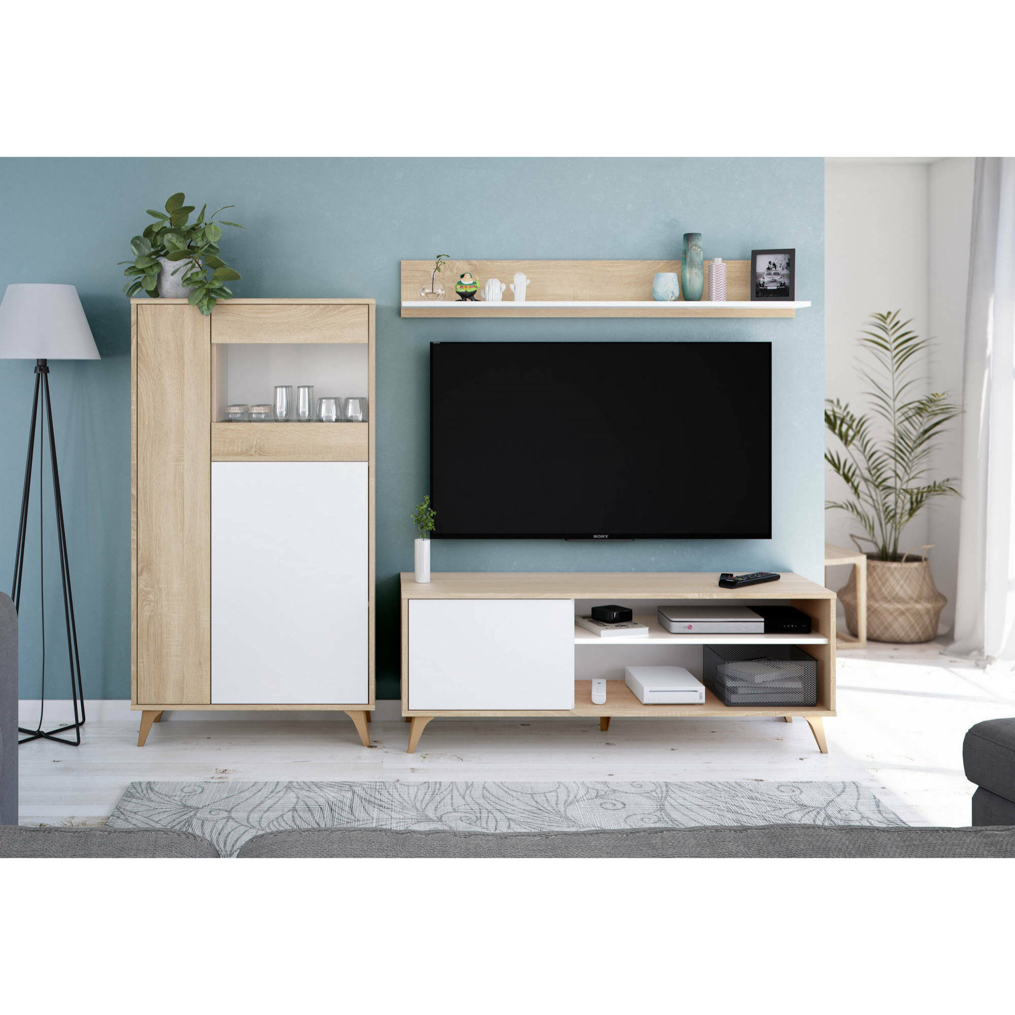 Mobile porta TV Mesa, Credenza per televisione da soggiorno con 1 anta, Supporto TV da salotto, Madia di design, cm 135x40h50, Rovere