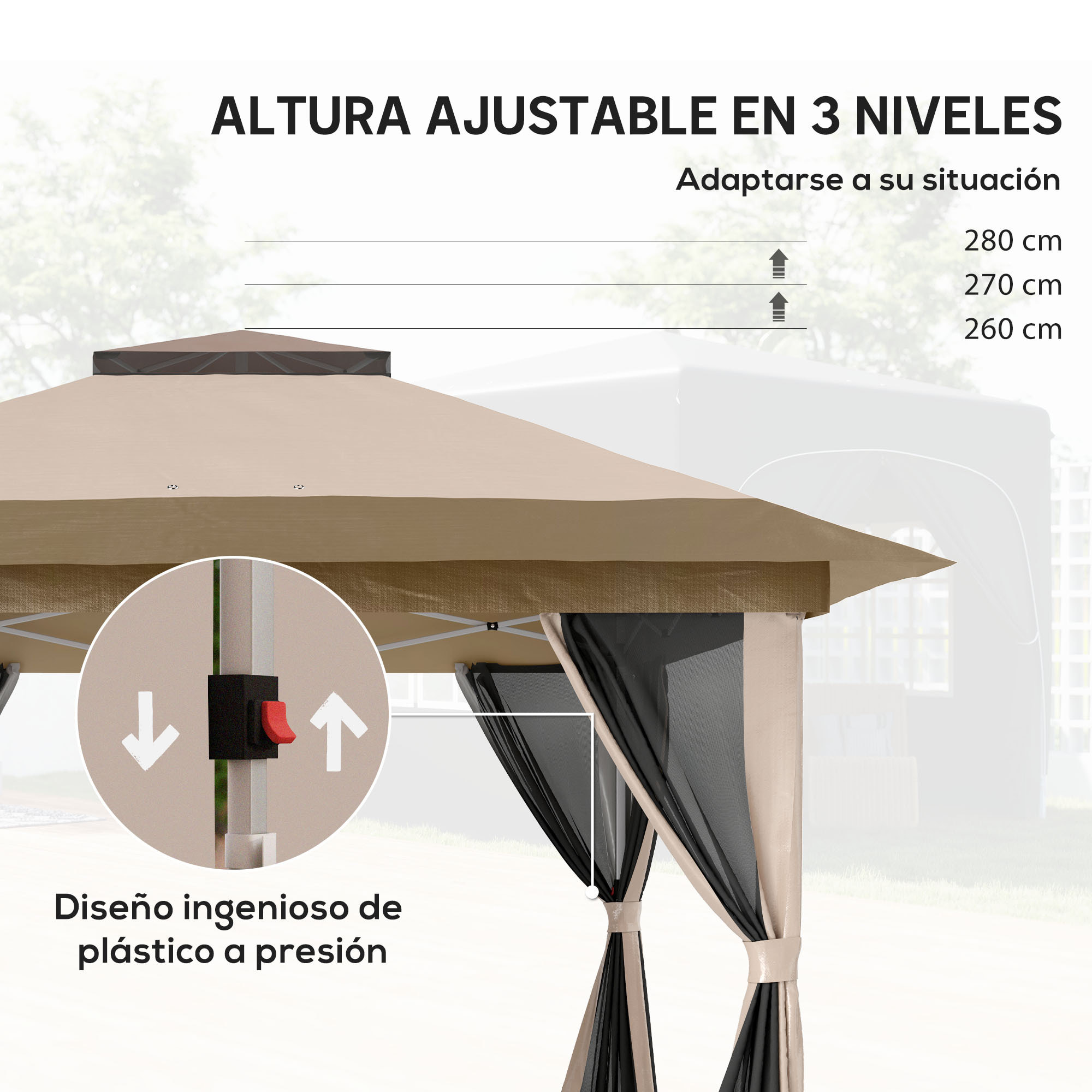 Carpa Plegable Gazebo, 3,6x3,6 m, Cenador Plegable con 4 Paredes Laterales de Malla, Anti-UV, Altura Ajustable, Bolsa de Arena y Bolsa de Transporte, para Camping, Fiestas, Beige