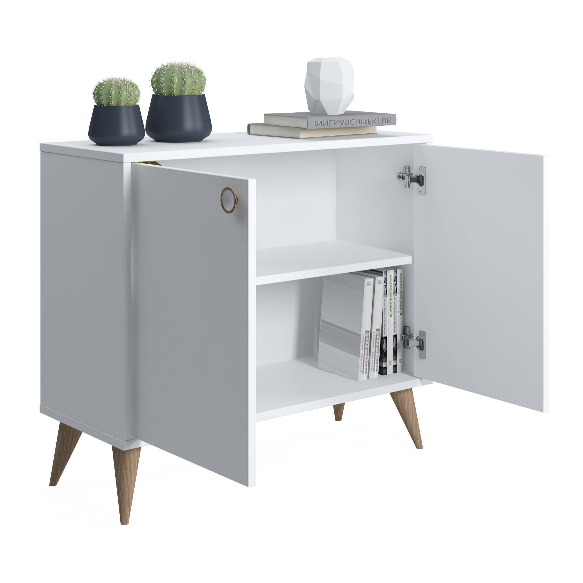 Credenza con due ante battenti e due ripiani interni, cm 85 x 35 x 74, colore bianco