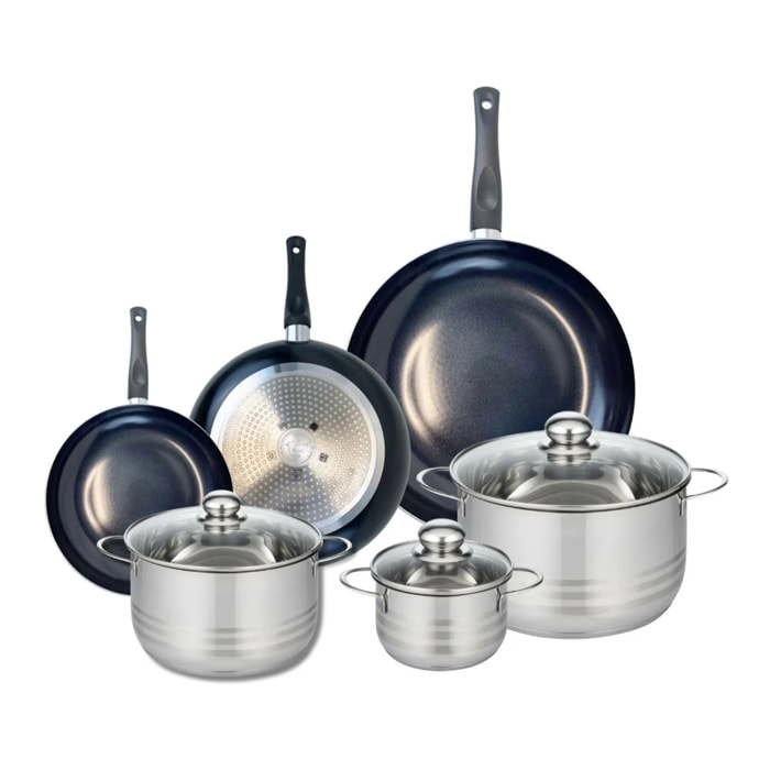 Ensemble de 3 Poêles de cuisson 20, 24 et 32 cm et 3 faitouts 14, 20 et 24 cm Elo Prima Brillant
