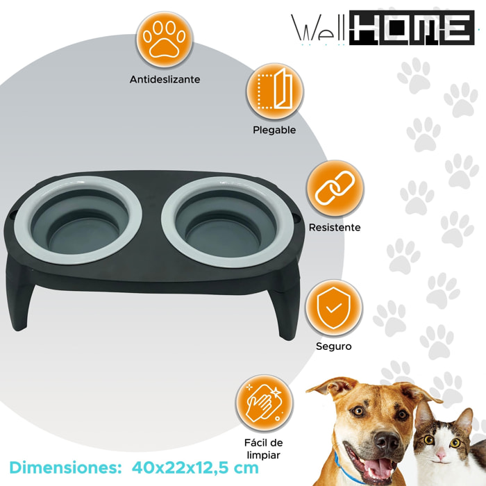 Well home comedero doble plegable para mascotas, silicona gris y negro, 40x22cm antideslizante