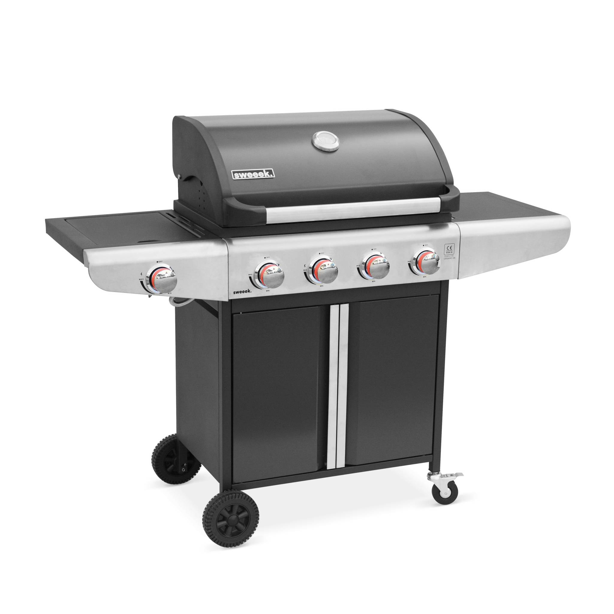 Barbecue au gaz - Bazin  Gris anthracite -  Cuisine extérieure 5 brûleurs dont 1 feu latéral avec tablettes et thermomètre. rangement. roues