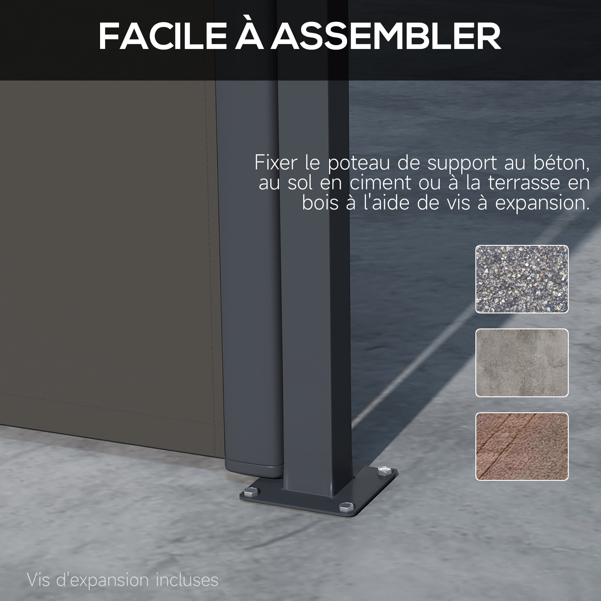 Store latéral brise-vue paravent rétractable de jardin 4L x 1,80H m alu. polyester anti-UV haute densité 180 g/m² gris foncé