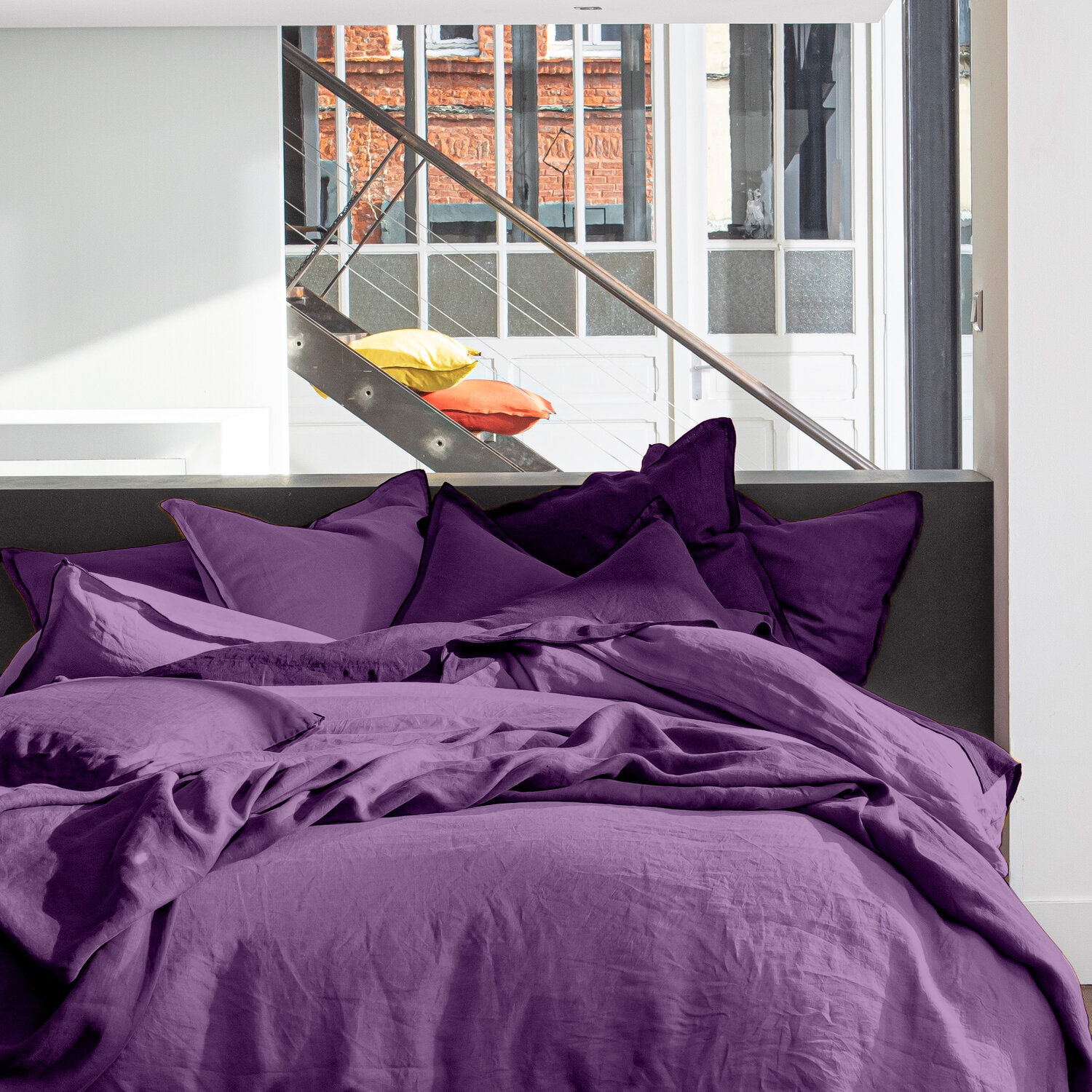 Drap housse bonnet 40 cm 100% lin lavé - prune