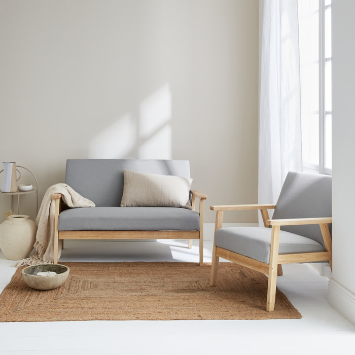 Banquette et fauteuil en bois et tissu gris clair. Isak. L 114 x l 69.5 x H 73cm