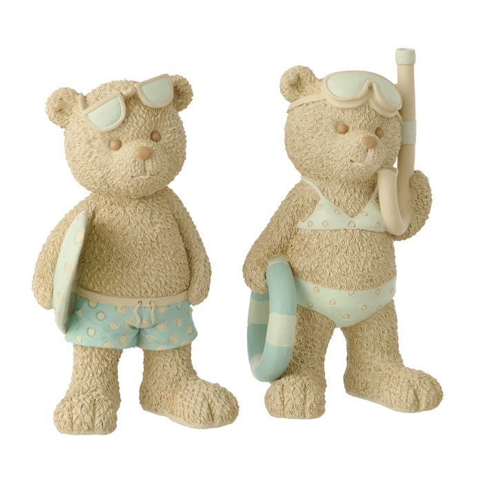 J-Line décoration Ours Fille/Garçon de Plage - polyrésine - beige/bleu clair - large - set de 2