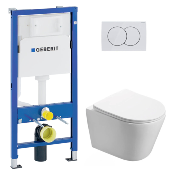 Pack WC sans bride Infinitio, fixations invisibles + Abattant softclose slim + Bâti support Geberit UP100 + Plaque blanche