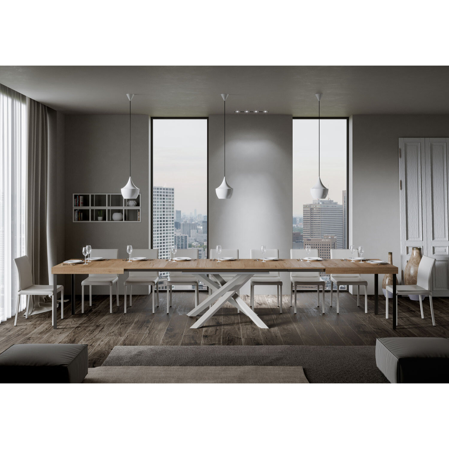 Mesa extensible 90x200/460 cm Volantis Roble Natural estructura blanco