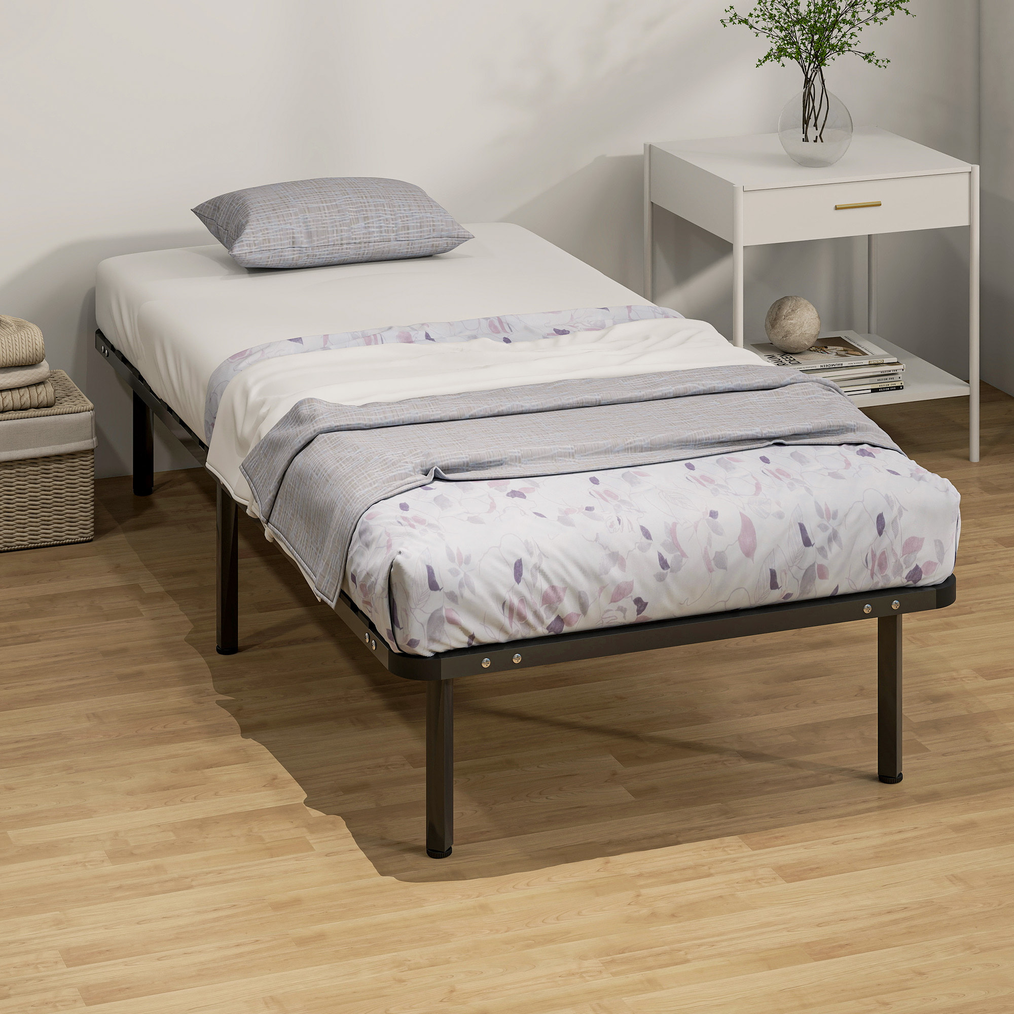 Somier 90x190 cm, Altura 26 cm, Estructura de Cama de Plataforma de Acero con Espacio de Almacenamiento Debajo y Láminas de Álamo, Fácil de Montar, Carga 300 kg, Negro