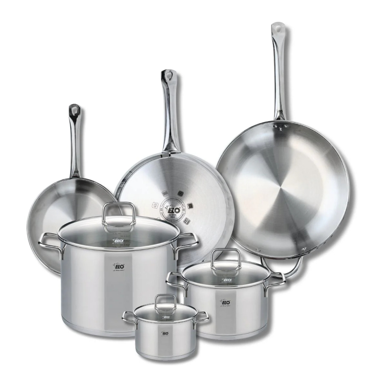 Ensemble de 3 Poêles de cuisson 24, 28 et 32 cm et 3 faitouts 14, 20 et 26 cm Elo Profi Citrin