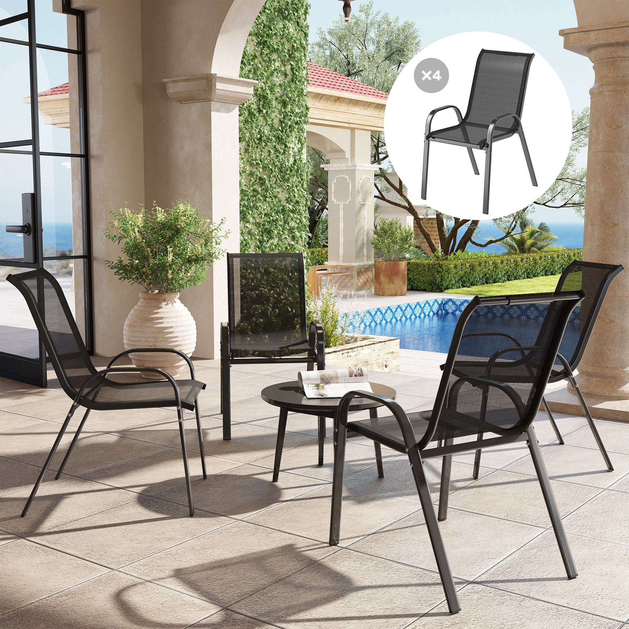 Lot de 4 chaises de jardin empilables - assise ergonomique, haut dossier, accoudoirs - acier textilène noir