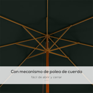 Sombrilla de Jardín Ø325x250 cm Parasol de Madera con Sistema de Polea Techo de Ventilación y 8 Varillas de Bambú para Terraza Balcón Exterior Verde Oscuro