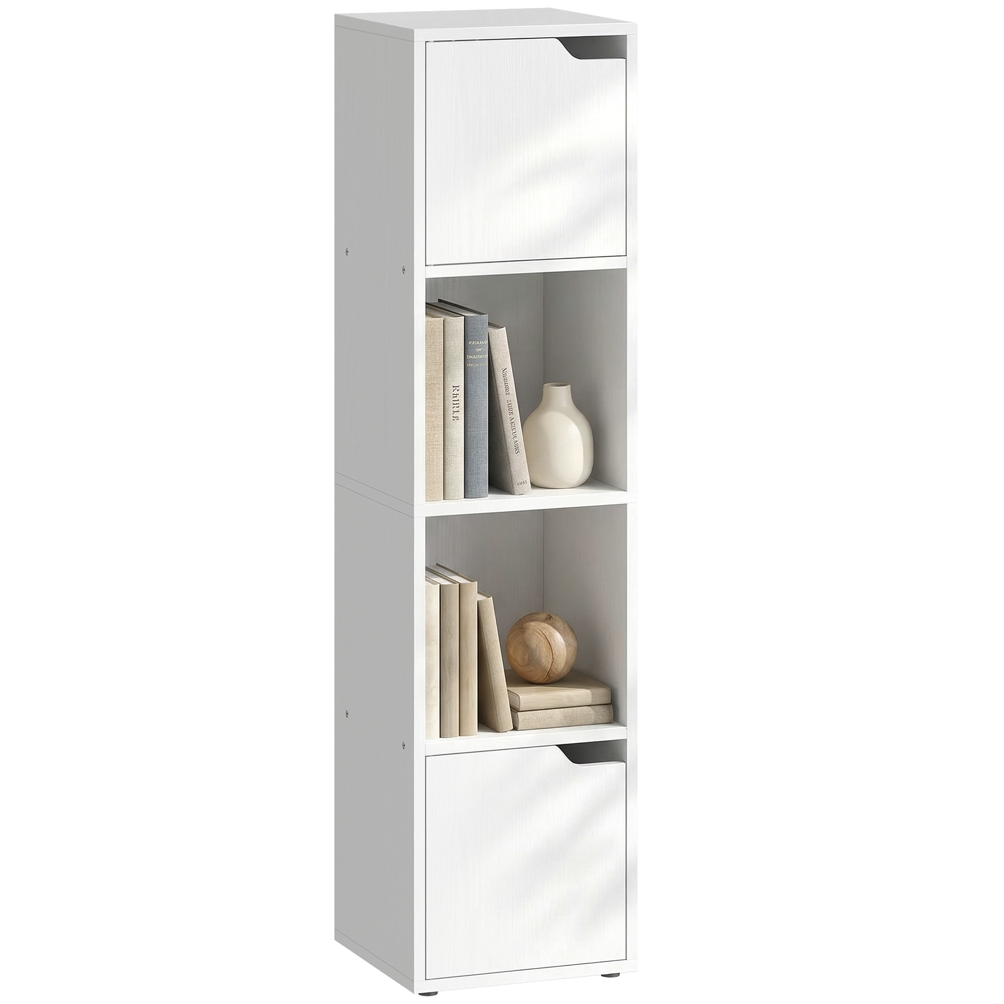 Estantería para Libros con 2 Puertas, Librería Estrecha de 4 Niveles con 2 Estantes Abiertos, Armario Alto para Salón, Estudio, Oficina, 30x29x119 cm, Blanco