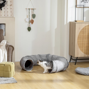 Tunnel pour chat intérieur - fonction lit pliable avec coussin et jeu balle suspendue - gris