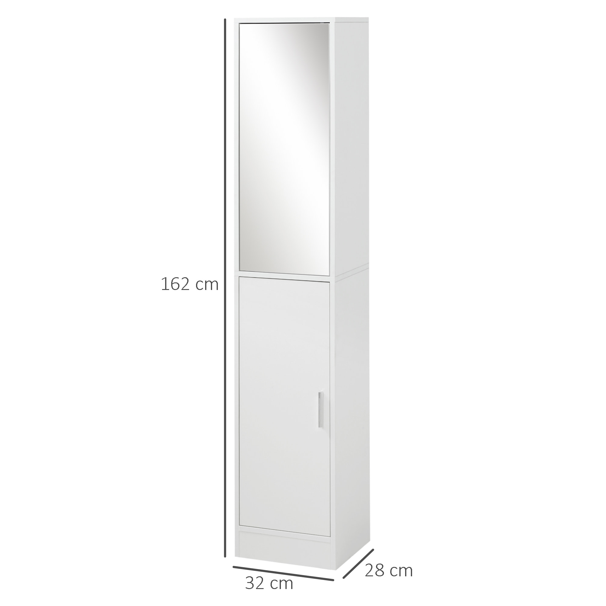 kleankin Armario para Baño Alto Mueble Columna de Baño con Espejo 2 Puertas y Estantes Interiores Ajustables Multiusos para Cocina Salón 32x28x162 cm Blanco