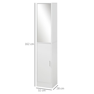 kleankin Armario para Baño Alto Mueble Columna de Baño con Espejo 2 Puertas y Estantes Interiores Ajustables Multiusos para Cocina Salón 32x28x162 cm Blanco