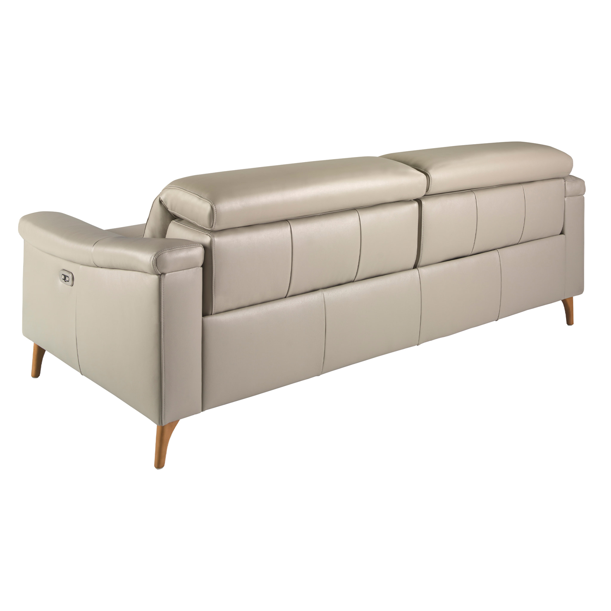 Sofá relax de 3 plazas tapizado en piel de origen vacuno en gris taupe con reposacabezas patas de madera en miel 2 sistemas de relax eléctrico 208x104x102cm