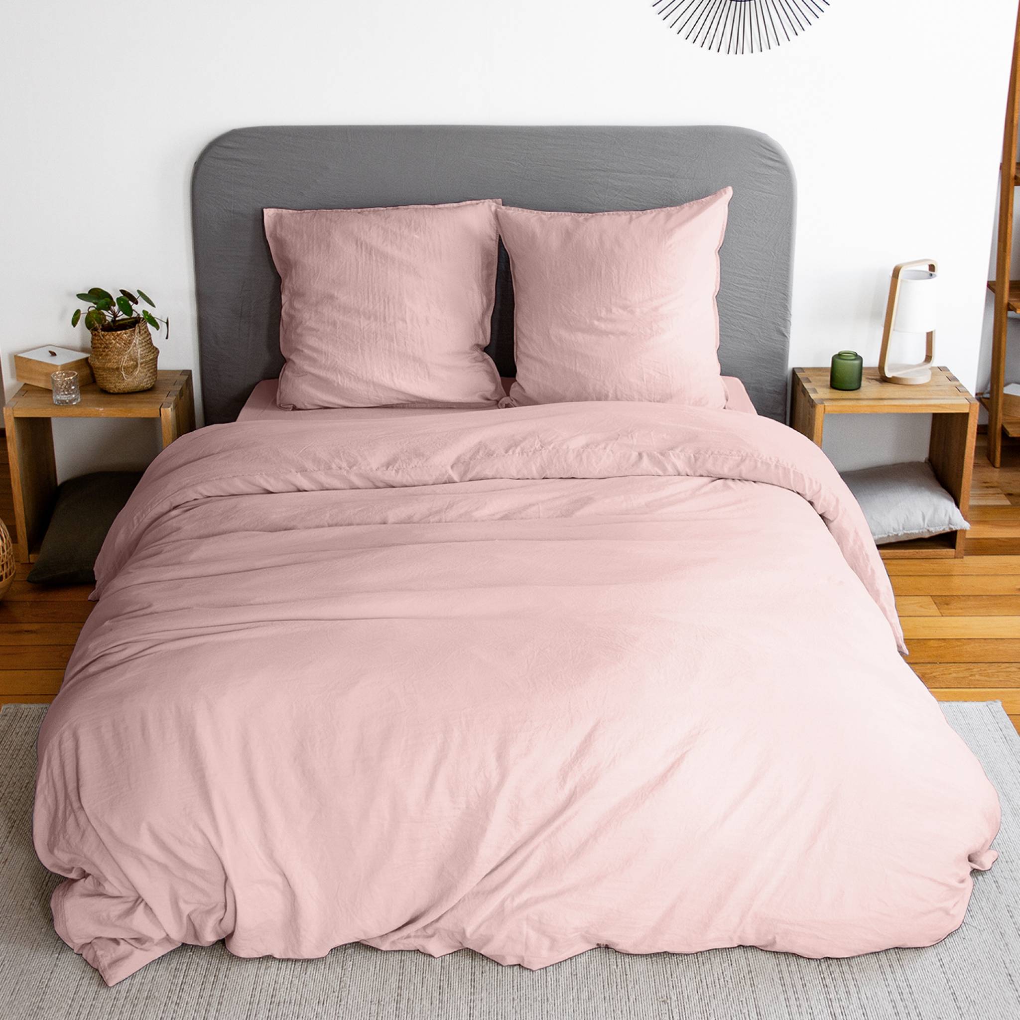 Parure de lit microfibre lavée 2 places rose poudré LUNA