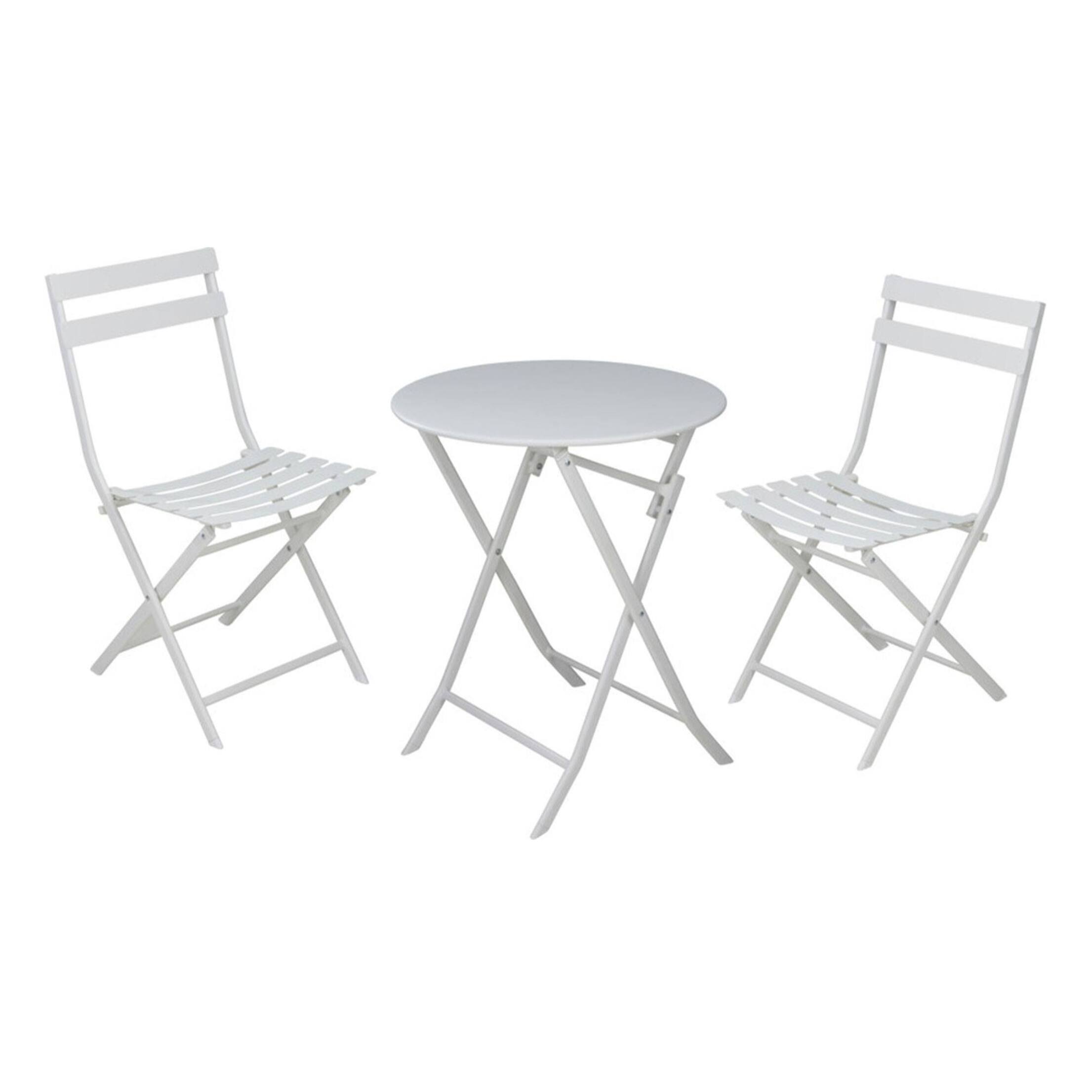 Set bistro plegable de 3 piezas (mesa 60cm + 2 sillas) en acero y blanco mate, compacto para balcón