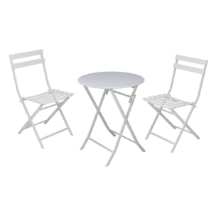 Set bistro plegable de 3 piezas (mesa 60cm + 2 sillas) en acero y blanco mate, compacto para balcón