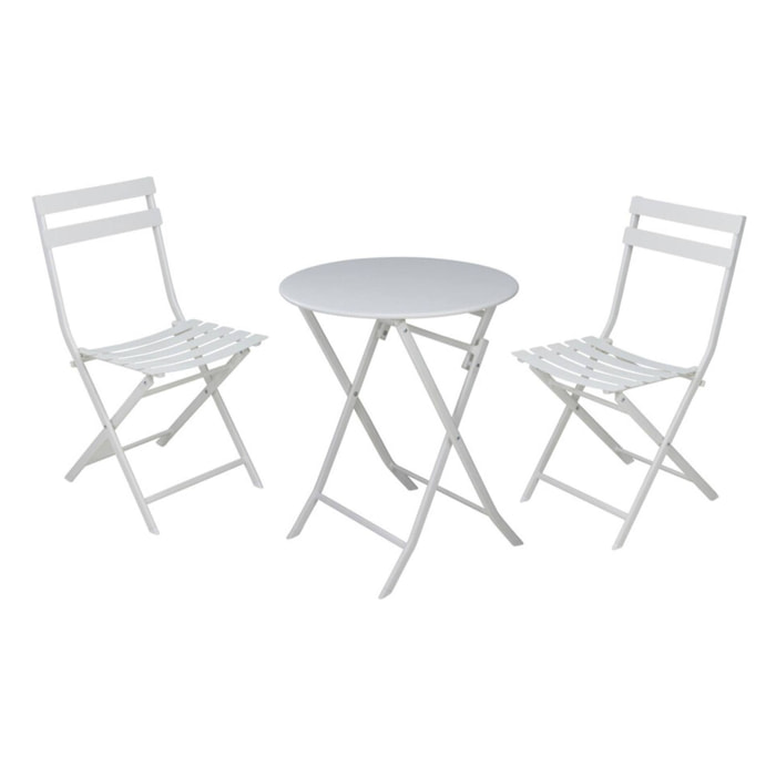 Set bistro plegable de 3 piezas (mesa 60cm + 2 sillas) en acero y blanco mate, compacto para balcón