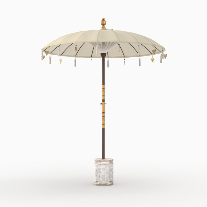 Ensemble parasol en tissu crème et pied de parasol en bois - Ali