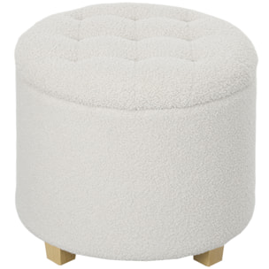 Puff Almacenaje, Baúl de Almacenaje Redondo 40,5L, 45x45x41 cm, Tapizado en Borreguillo, Taburete Reposapiés con Patas de Madera, Asiento Acolchado, para Salón, Dormitorio, Entrada, Blanco