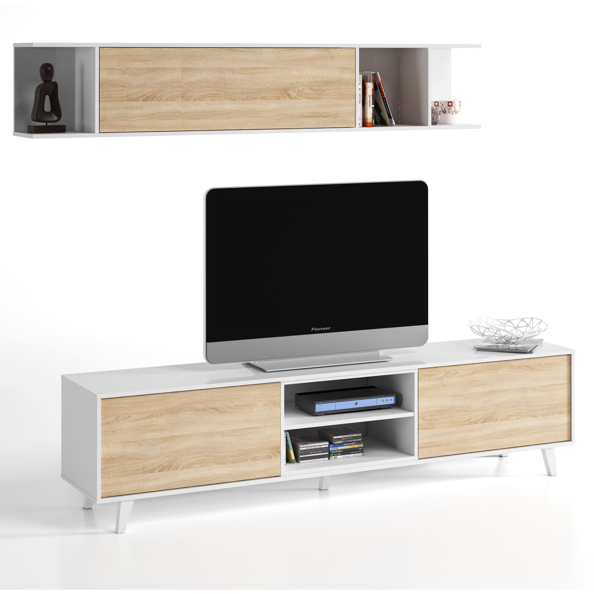 Mueble tv kira 2p3h + estante blanco/roble