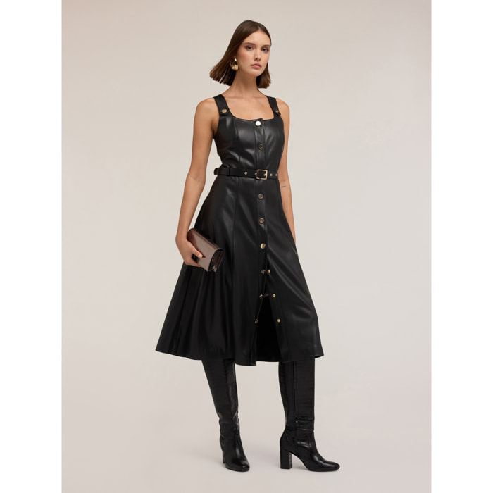 Motivi - Vestito flare con cintura in tessuto spalmato - Nero