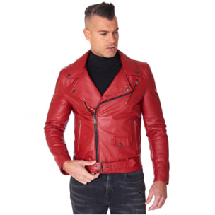 Chiodo biker in pelle rossa con cintura effetto liscio