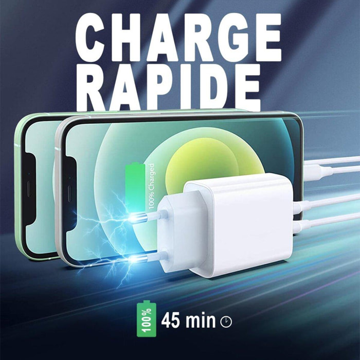 Chargeur iPhone 12 Mini ultra rapide Double Port 20 W fourni avec Cable USB-C