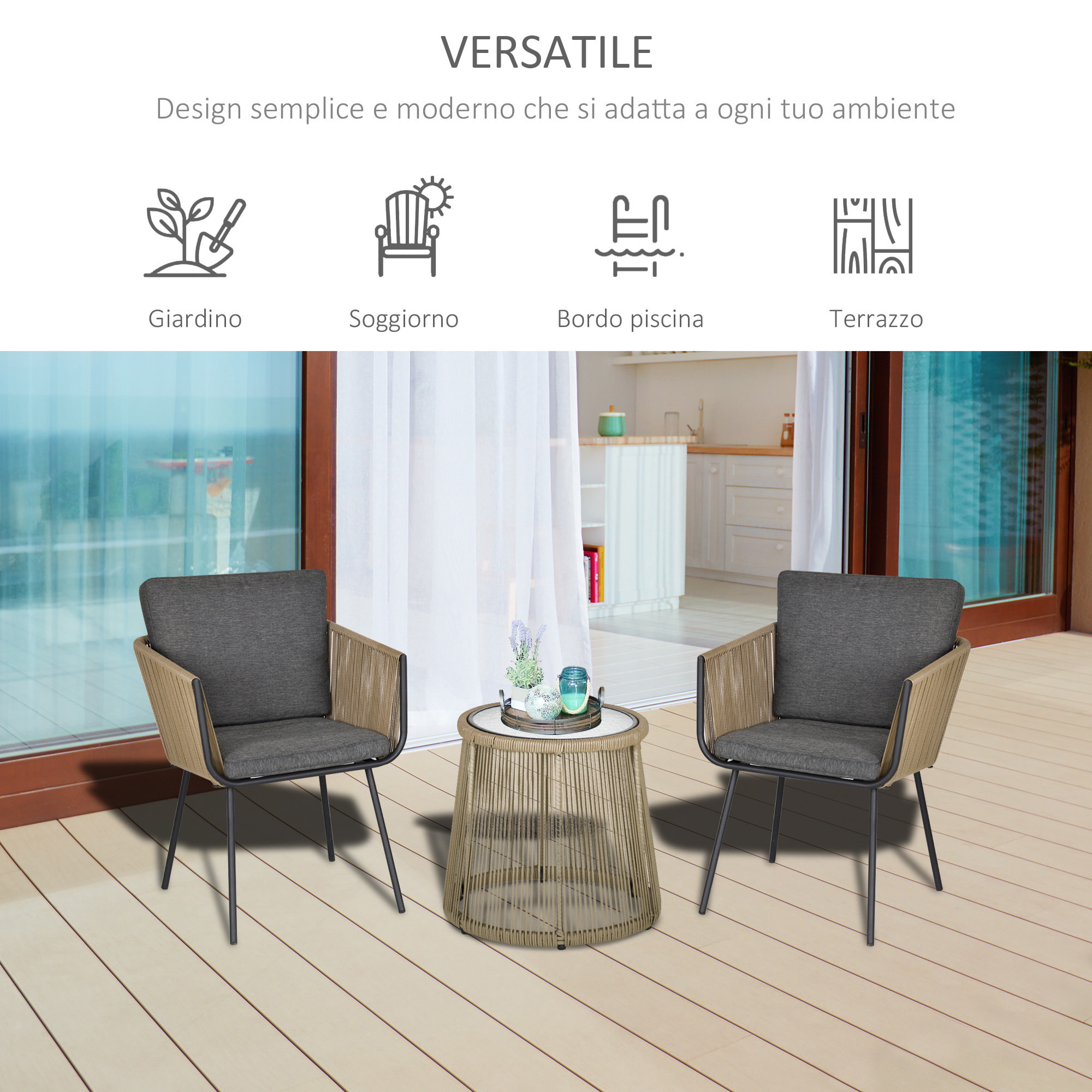 Outsunny Set 2 Poltroncine con Tavolino da Esterno in PE Rattan Cachi e Grigio