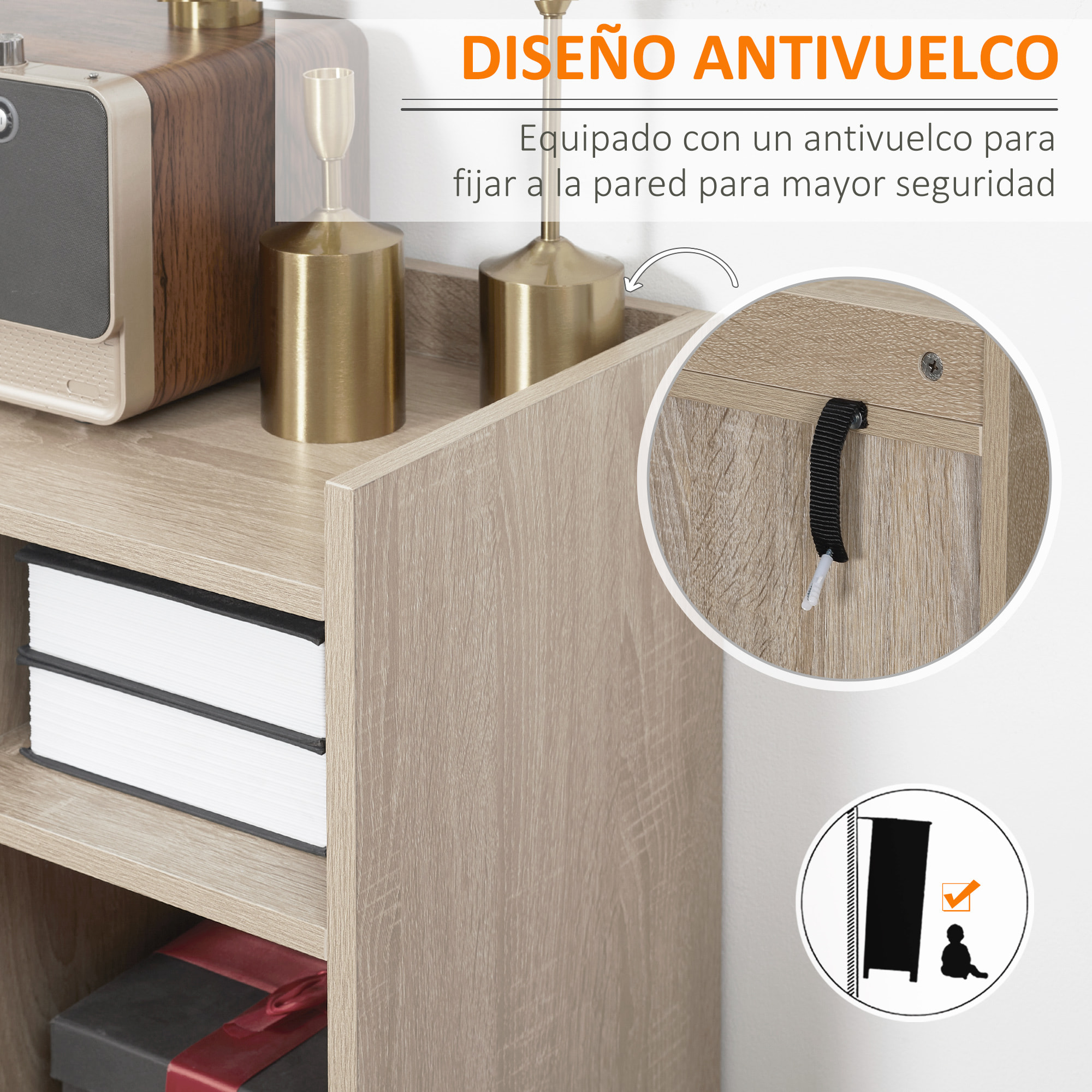 HOMCOM Aparador de Salón Moderno con 2 Puertas 1 Cajón y 3 Estantes Abiertos Mueble Auxiliar de Almacenaje para Cocina Dormitorio Entrada Antivuelco 80x30x96,5 cm Natural
