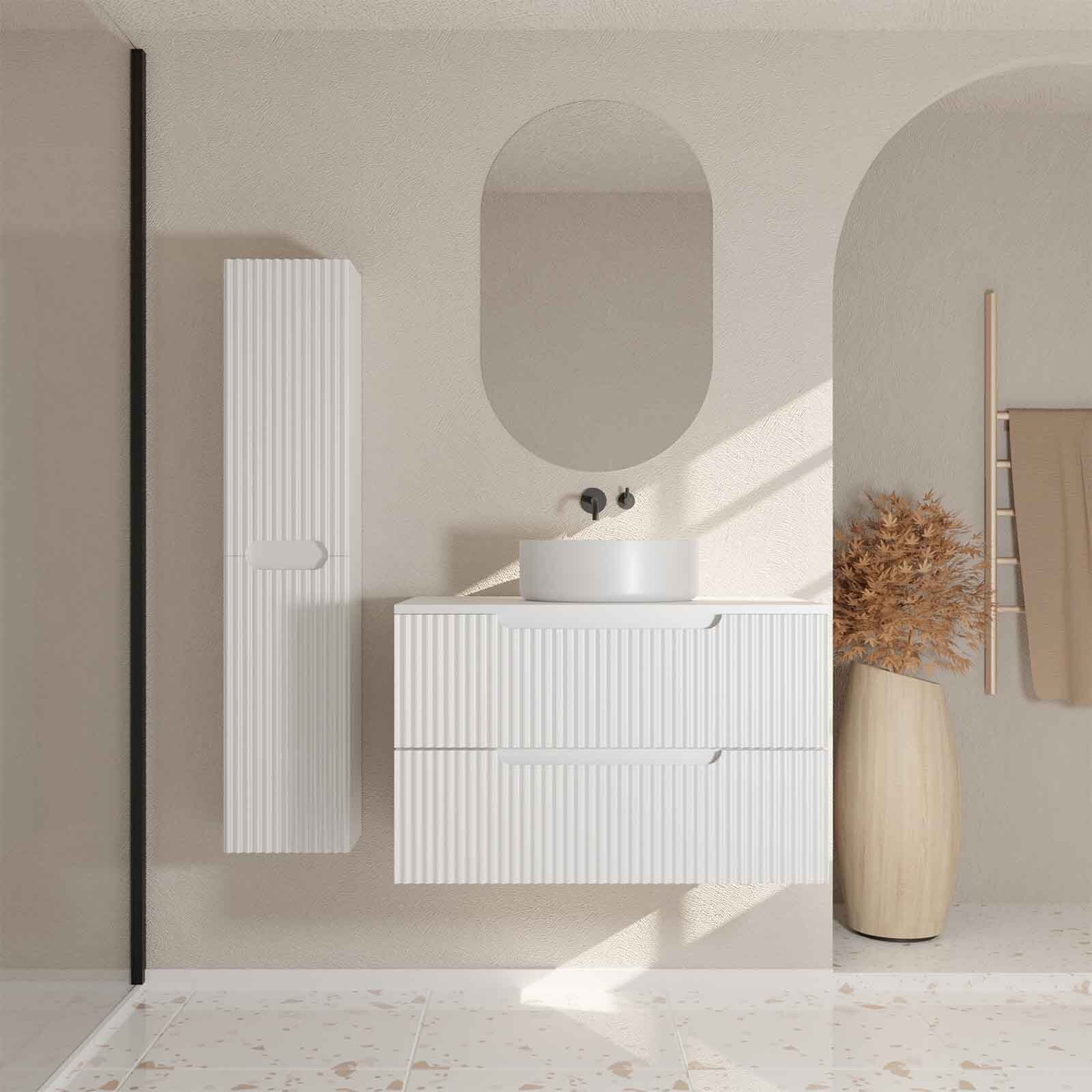 Meuble et colonne de Salle de Bains LEON 80cm Blanc Neige - Façades Ondulées - Vasque Ronde 36cm