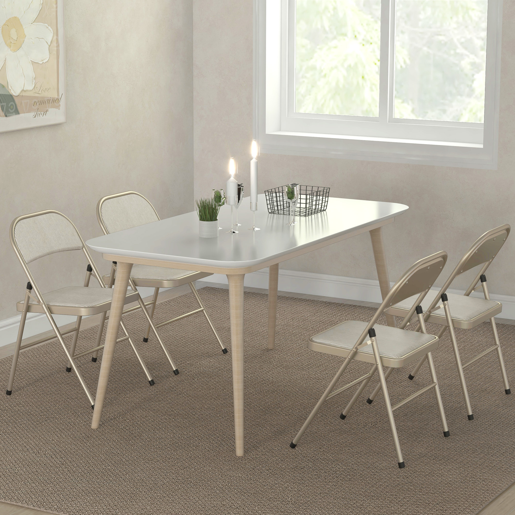 Juego de 4 Sillas Plegables Tapizadas en Lino Sintético con Respaldo y Estructura de Acero, para Salón, Comedor, Cocina, 45x46x78 cm, Beige