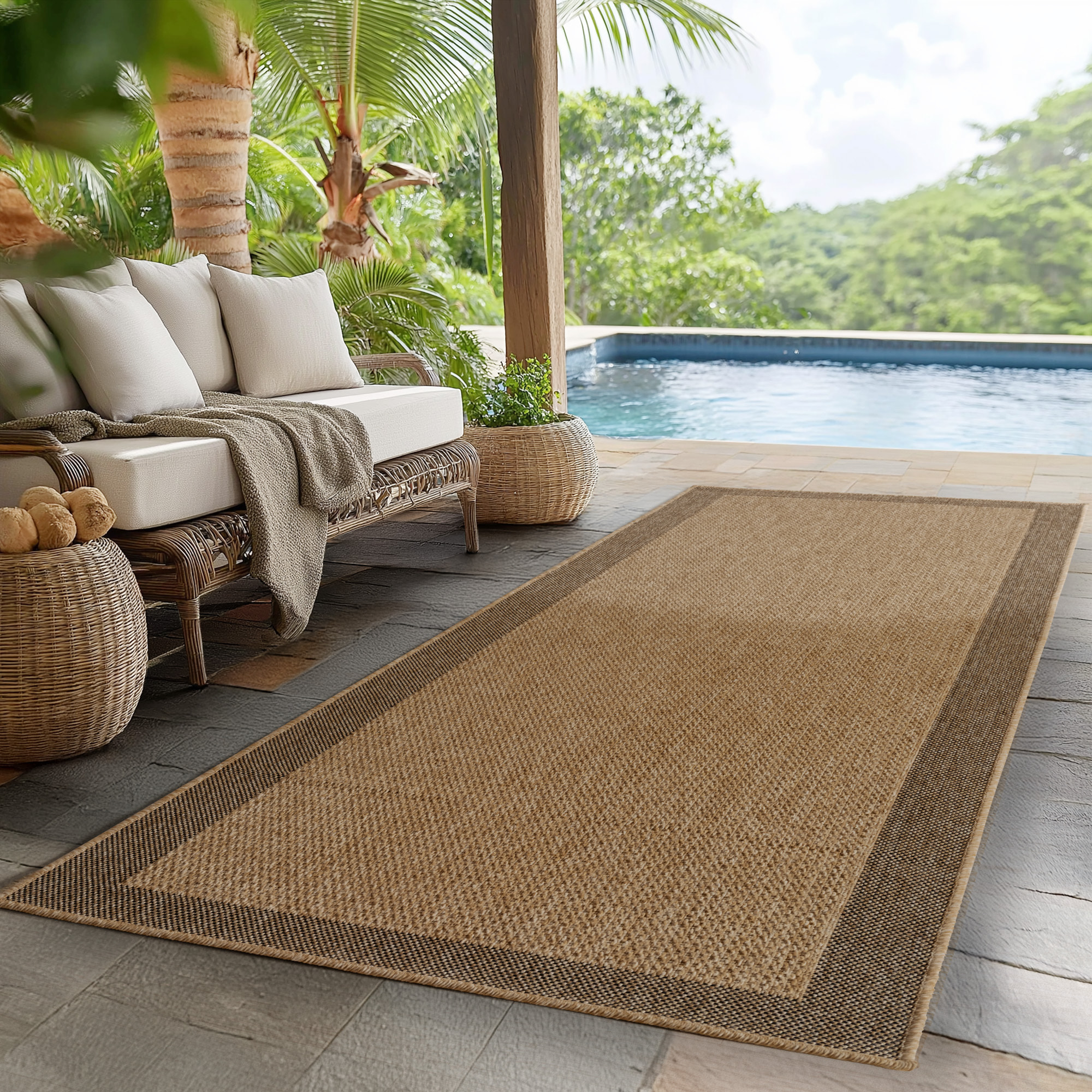 LINORA - Tapis intérieur/extérieur beige effet jute à motif cadre