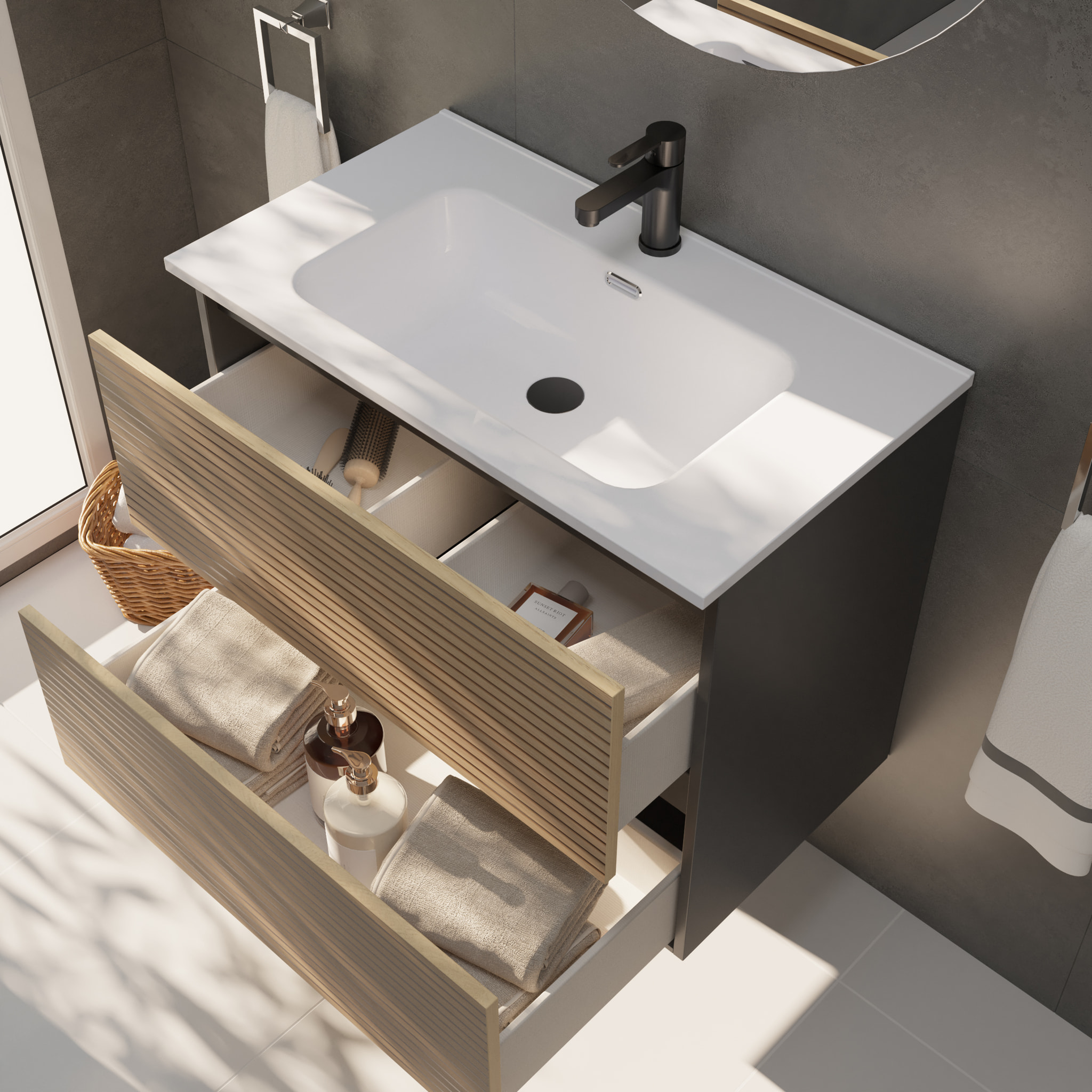 YINU SALLE DE BAIN | 80 CM NOIR - SOLOMON | DEUX TIROIRS | LAVABO ENCASTRÉ | N'INCLUT PAS LE MIROIR | ALDAY